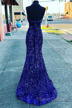 Halter Royal Blue Sequin Evening Dress Uk Long Formal Prom Dress