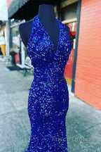 Halter Royal Blue Sequin Evening Dress Uk Long Formal Prom Dress