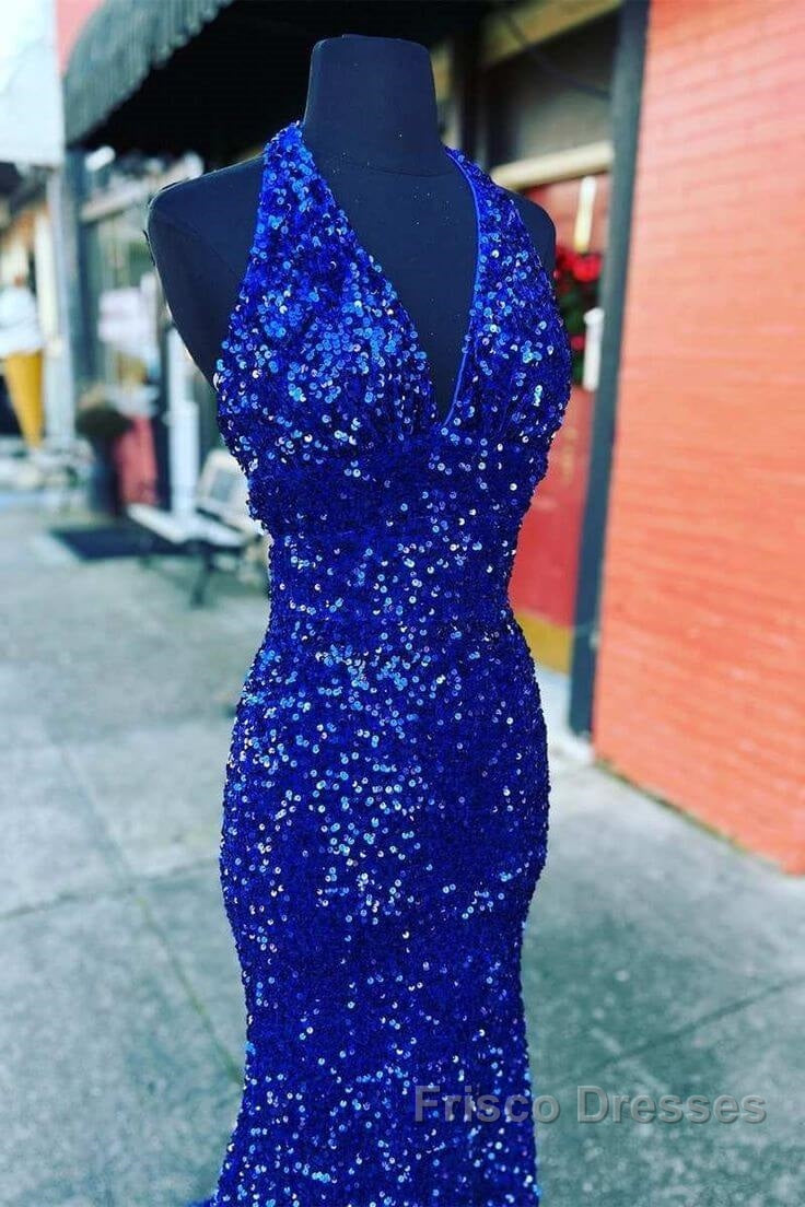 Halter Royal Blue Sequin Evening Dress Uk Long Formal Prom Dress