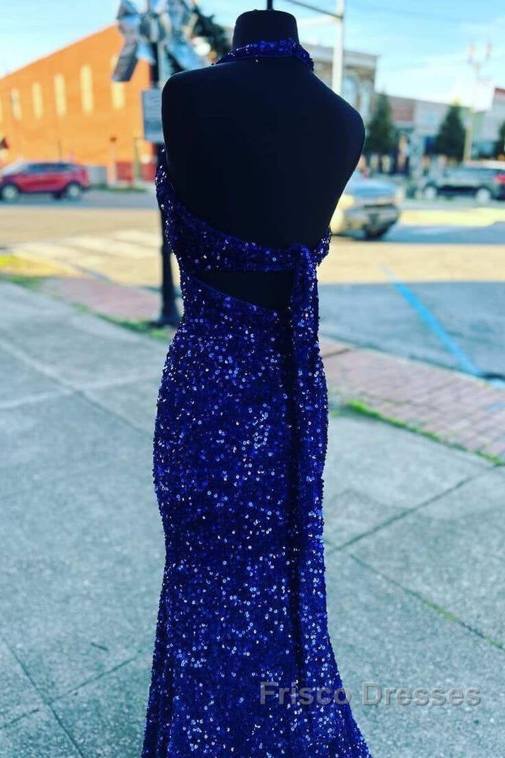 Halter Royal Blue Sequin Evening Dress Uk Long Formal Prom Dress