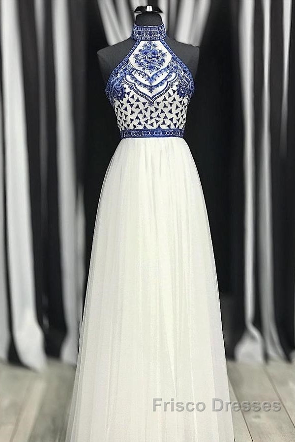Halter Scoop Neck Tulle Floor-Length Formal Prom Dress