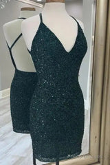 Halter Sequin Sheath Dark Green Homecoming Dress