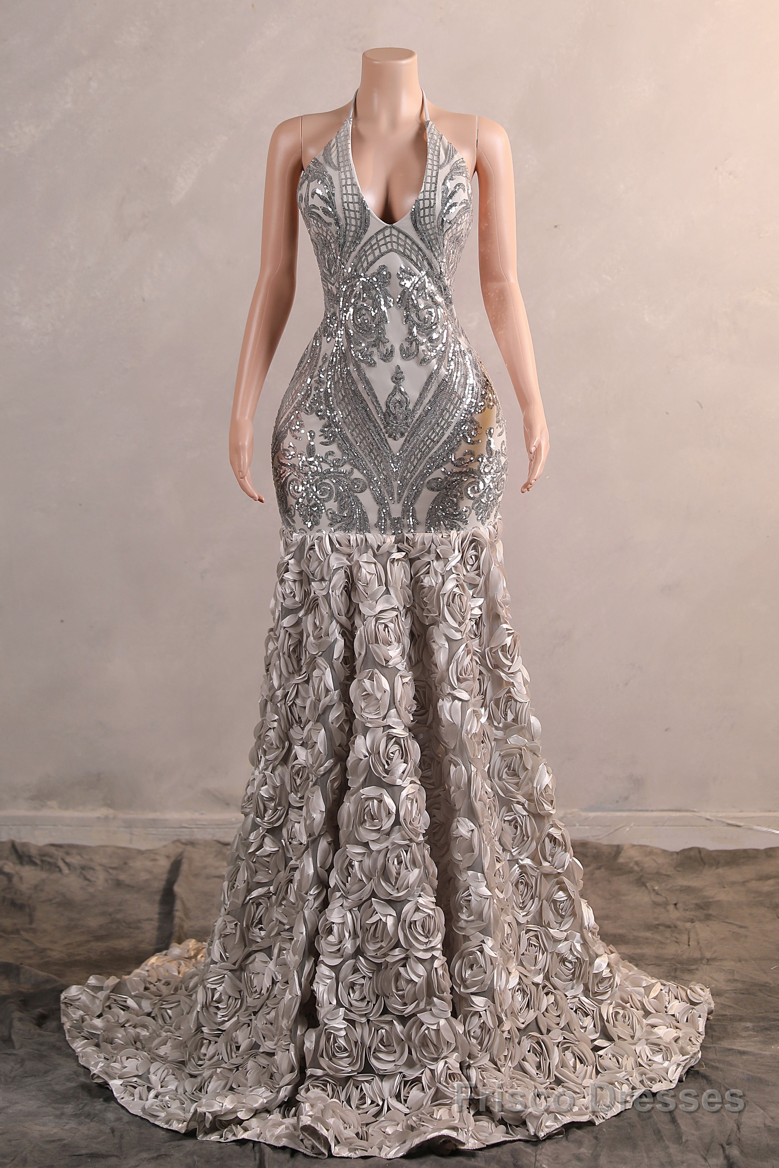 Halter Sequins Mermaid Dress Off Shoulder Deep V Neck Prom Gowns Sexy Backless Long Train Evening Party Prom Gowns Main image