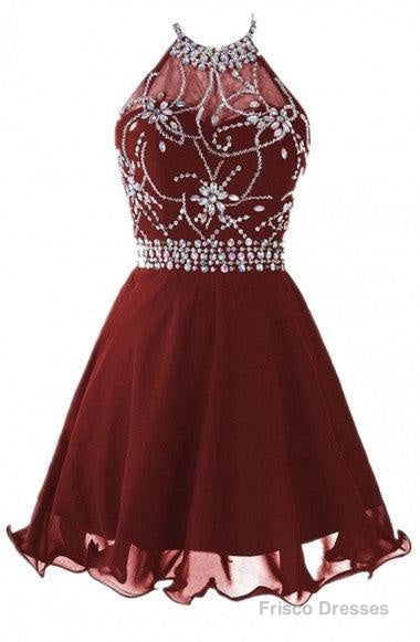 Halter Short Backless Chiffon Brown Homecoming Dress With Beading