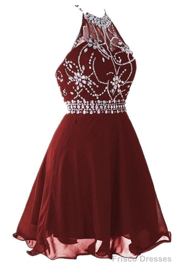 Halter Short Backless Chiffon Brown Homecoming Dress With Beading