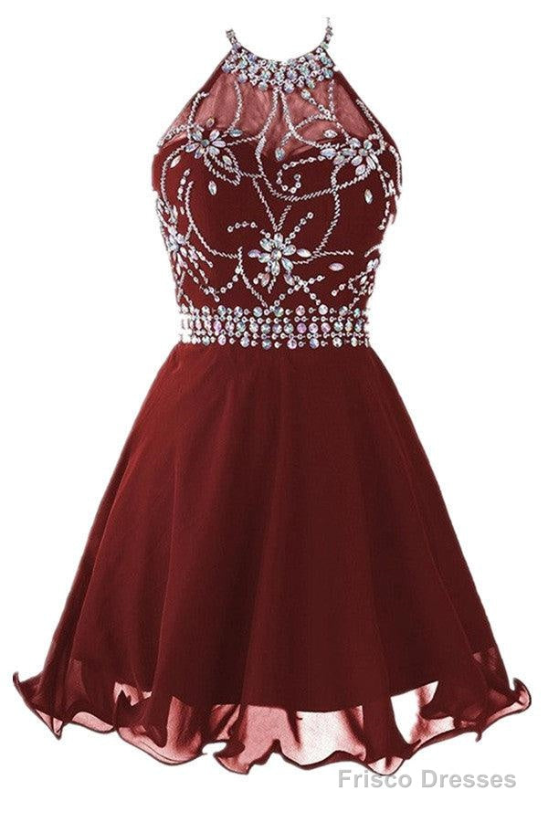 Halter Short Backless Chiffon Brown Homecoming Dress With Beading