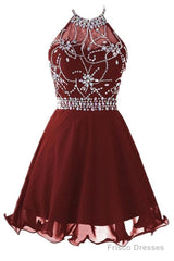 Halter Short Backless Chiffon Brown Homecoming Dress With Beading