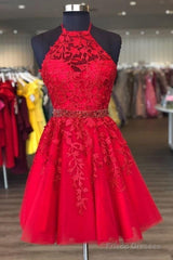 Halter Short Red Homecoming Dress With Lace Appliques And Beaded Band
