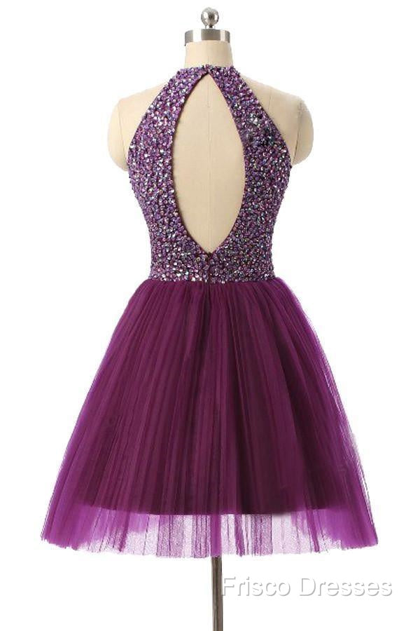 Halter Sleeveless Short Purple Homecoming Dress Formal Prom Dress