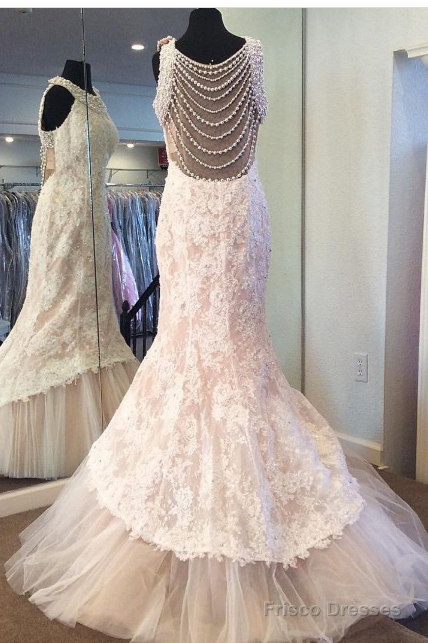 Halter Top Long Lace Mermaid Wedding Dresses Unique Pearl Back Main image