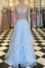 Halter Two Piece Beading Blue Ruffles Tulle Formal Prom Dress