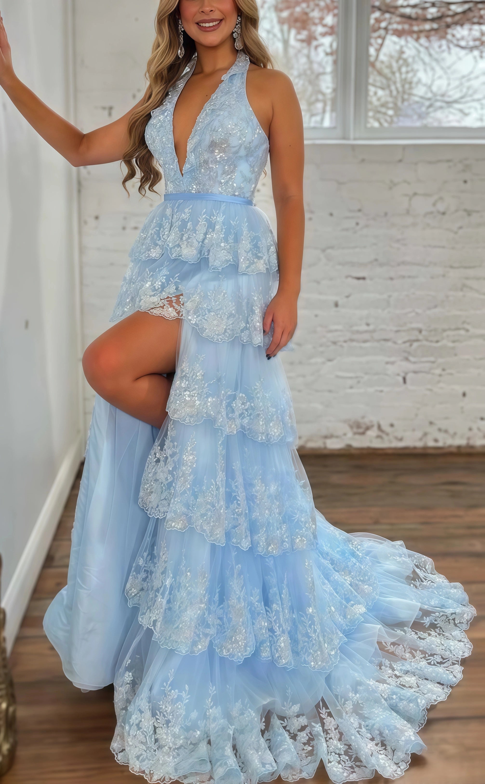 Halter V-Neck Appliques Ruffles Long Prom Dress