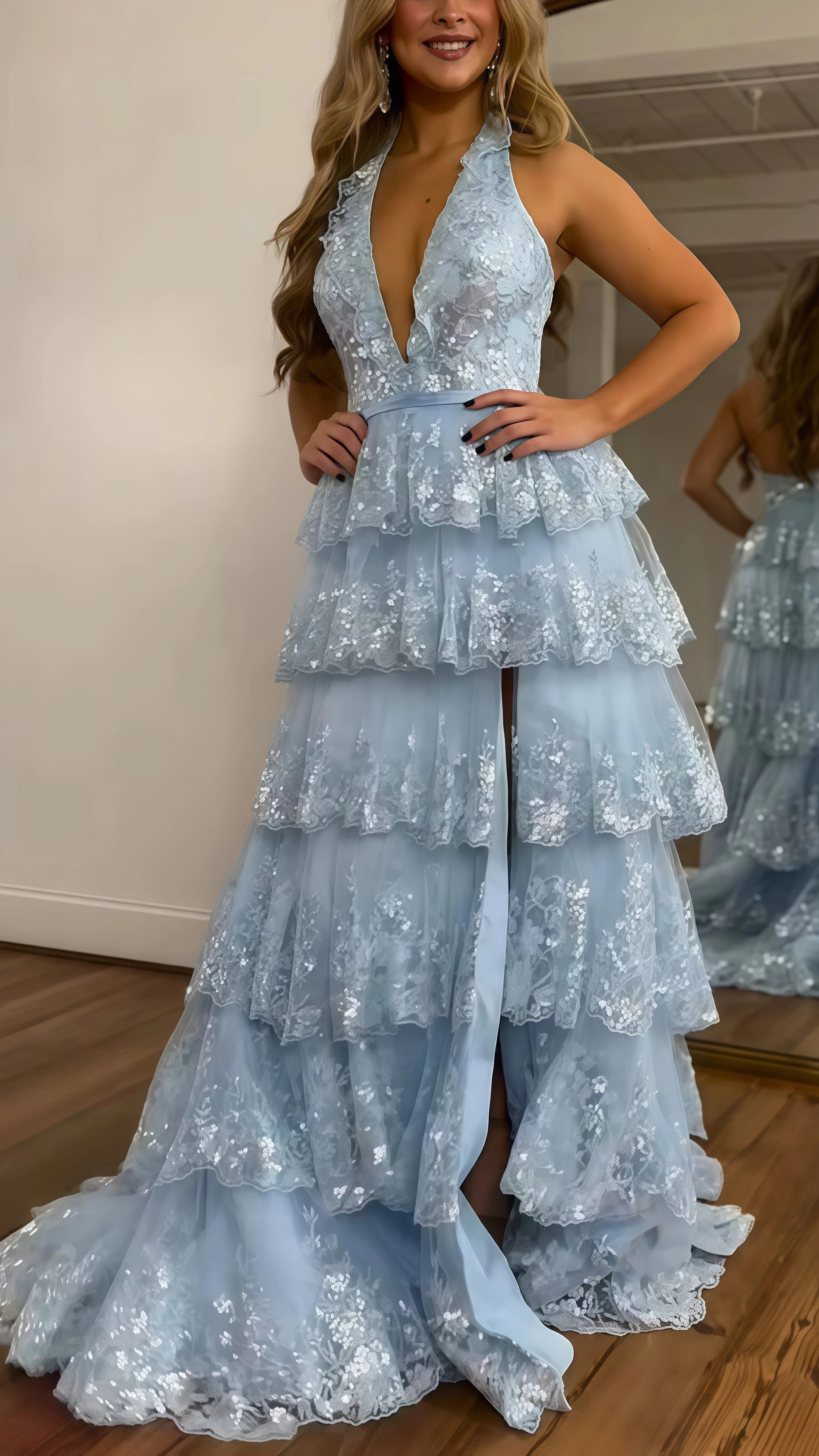 Halter V-Neck Appliques Ruffles Long Prom Dress Main image