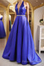 Halter V Neck Backless Blue Long Formal Prom Dresses with Belt, Backless Blue Formal Evening Dresses