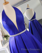 Halter V Neck Backless Blue Long Formal Prom Dresses with Belt, Backless Blue Formal Evening Dresses