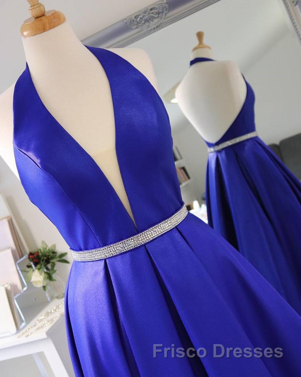 Halter V Neck Backless Blue Long Formal Prom Dresses with Belt, Backless Blue Formal Evening Dresses