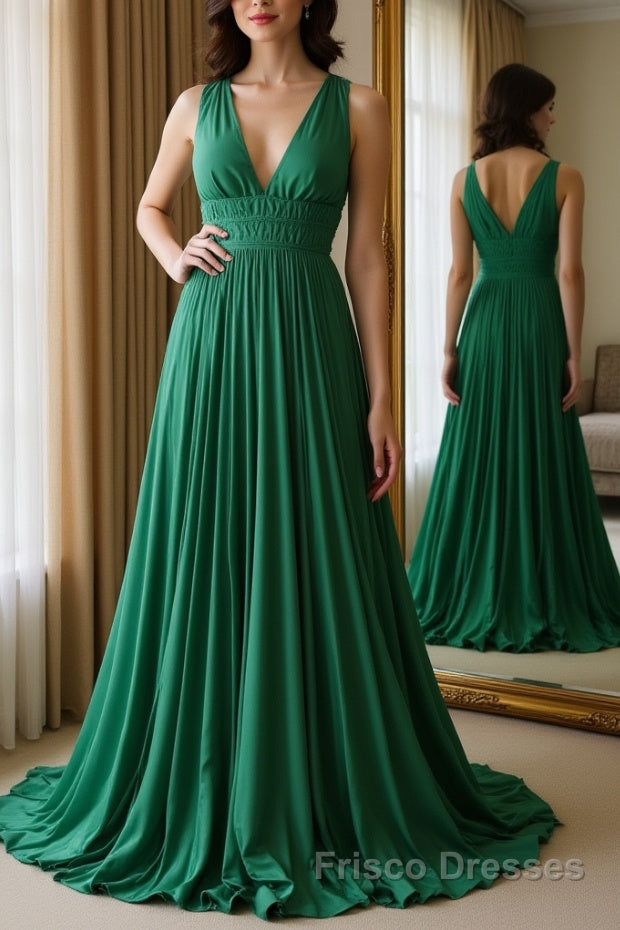 Halter V Neck Backless Emerald Green Satin Long Formal Prom Dresses, Backless Emerald Green Formal Graduation Evening Dresses Main image