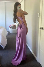 Halter V-Neck Prom Dresses Pleated Satin Sleeveless Long Prom Party Dress