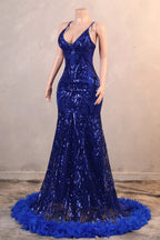 Halter V-Neck Royal Blue Sequin Sparkle Feathers Prom Dresses