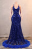 Halter V-Neck Royal Blue Sequin Sparkle Feathers Prom Dresses