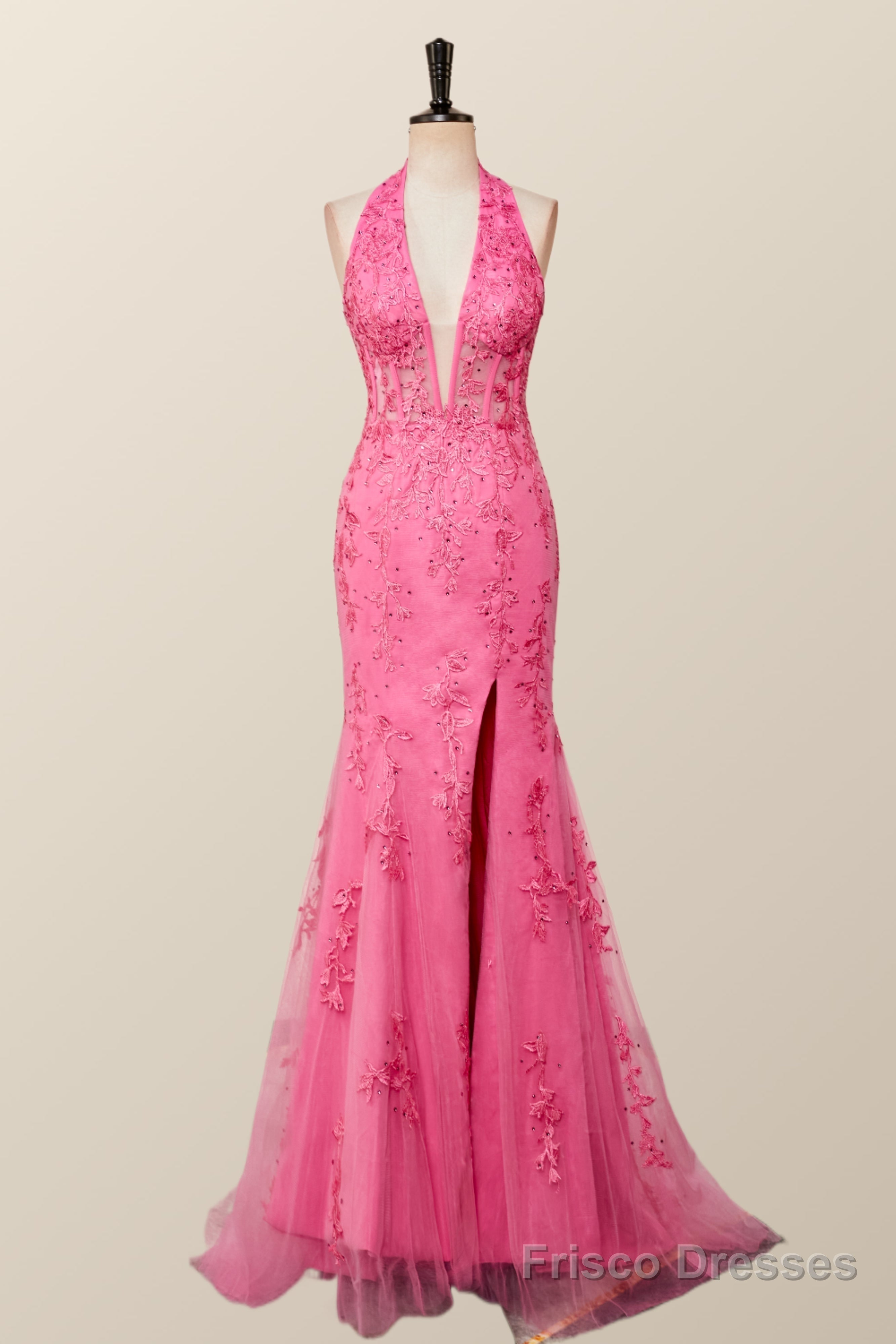 Halter Fuchsia Yellow Lace Mermaid Prom Dress