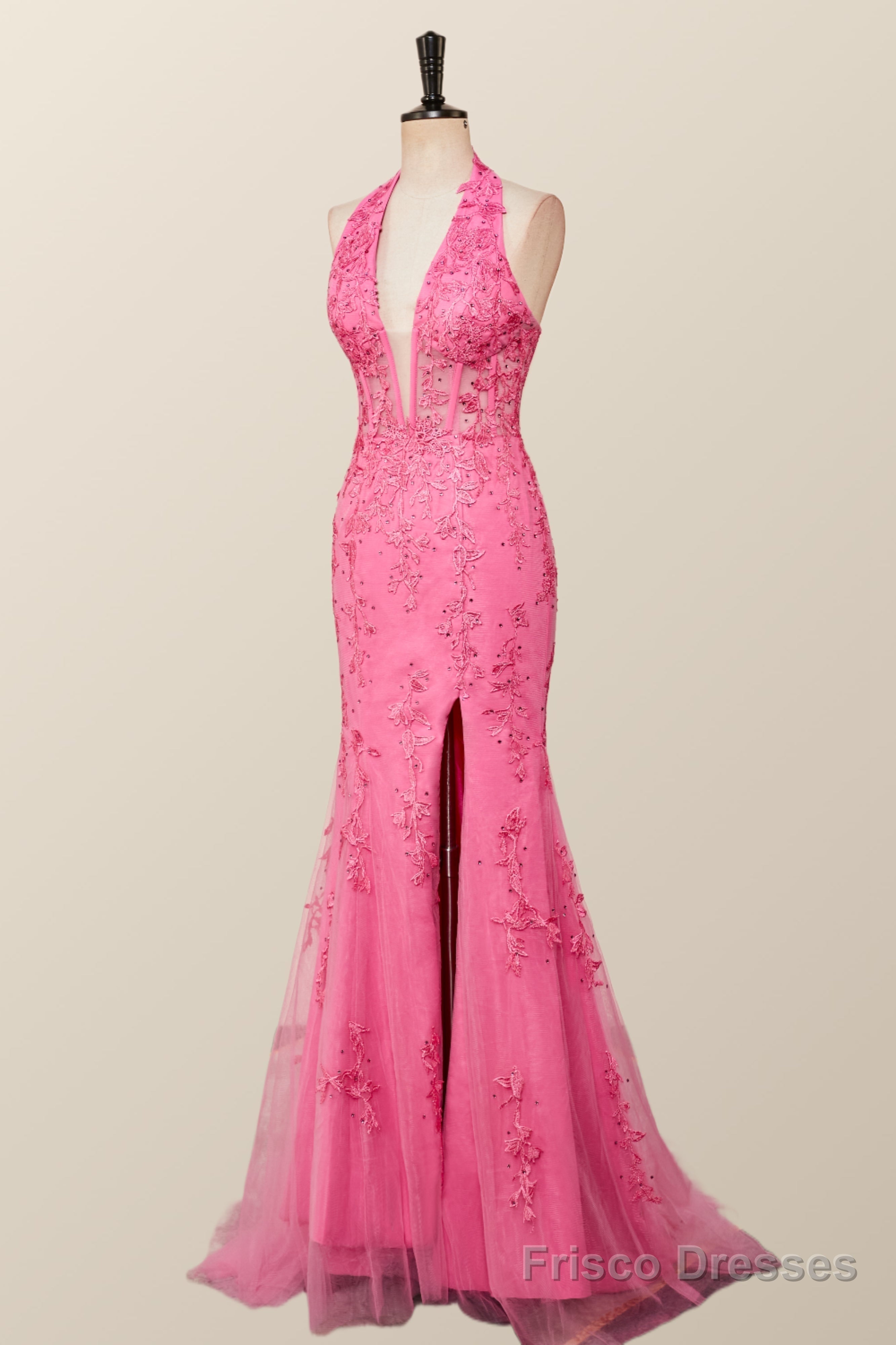 Halter Fuchsia Yellow Lace Mermaid Prom Dress Main image