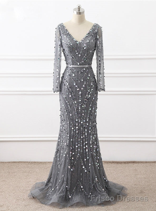 Heavy Beading Handmade Mermaid Long Sleeve Sexy V-neck evening party gown Main image