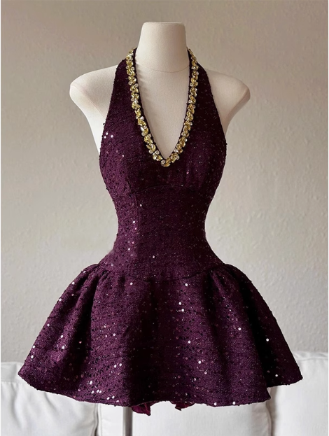 Heavy Diamond Purple Sequined Halter Neck A-Line 19Th Birthday Homecoming Dress Secondary image