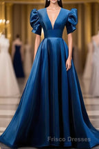 Blue V Neck Satin Short Sleeves Long Formal Prom Dress Blue Satin Evening Dress