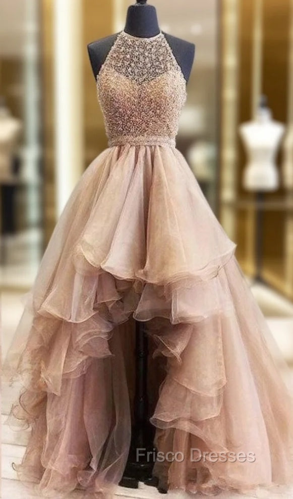 Hi Low Robe De Soiree Ball Gown High Collar Organza Lace Pearls Sexy Long Formal Prom Dress Formal Prom Gown Evening Dress Main image