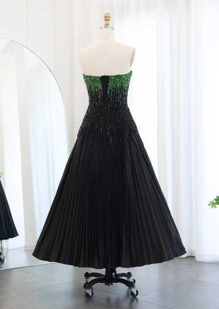 High-End Black And Green Color-Block A-Line Strapless Sequin Satin Long Prom Dress Evening Dress Secondary image