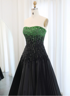 High-End Black And Green Color-Block A-Line Strapless Sequin Satin Long Prom Dress Evening Dress