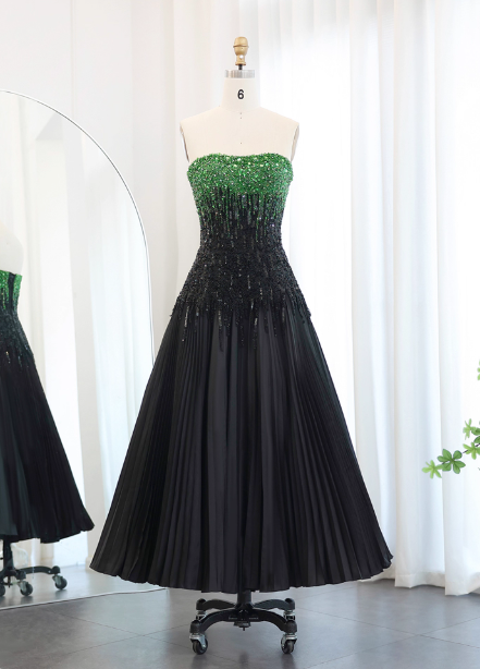 High-End Black And Green Color-Block A-Line Strapless Sequin Satin Long Prom Dress Evening Dress Main image