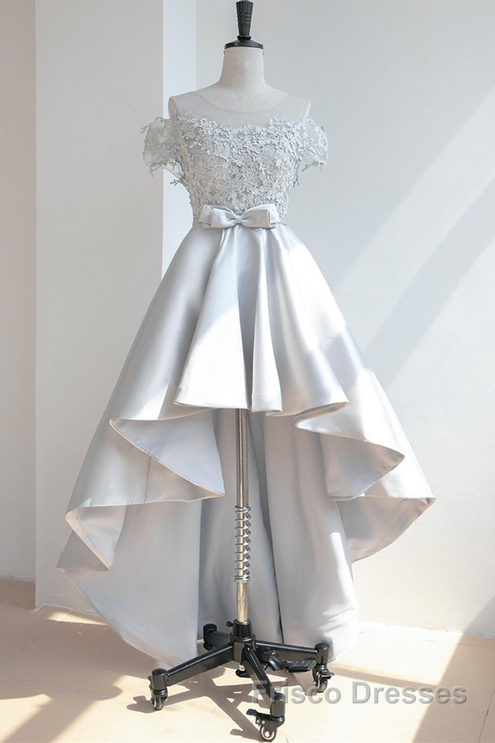 High Low Off Shoulder Gray Lace Formal Prom Dresses, Off the Shoulder Gray Homecoming Dresses, Gray Lace Formal Evening Dresses