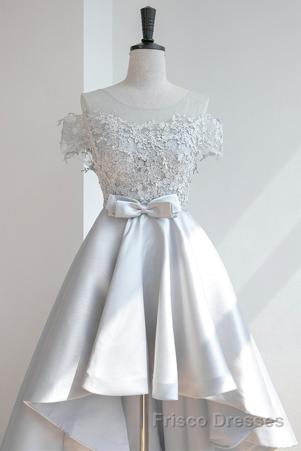 High Low Off Shoulder Gray Lace Formal Prom Dresses, Off the Shoulder Gray Homecoming Dresses, Gray Lace Formal Evening Dresses