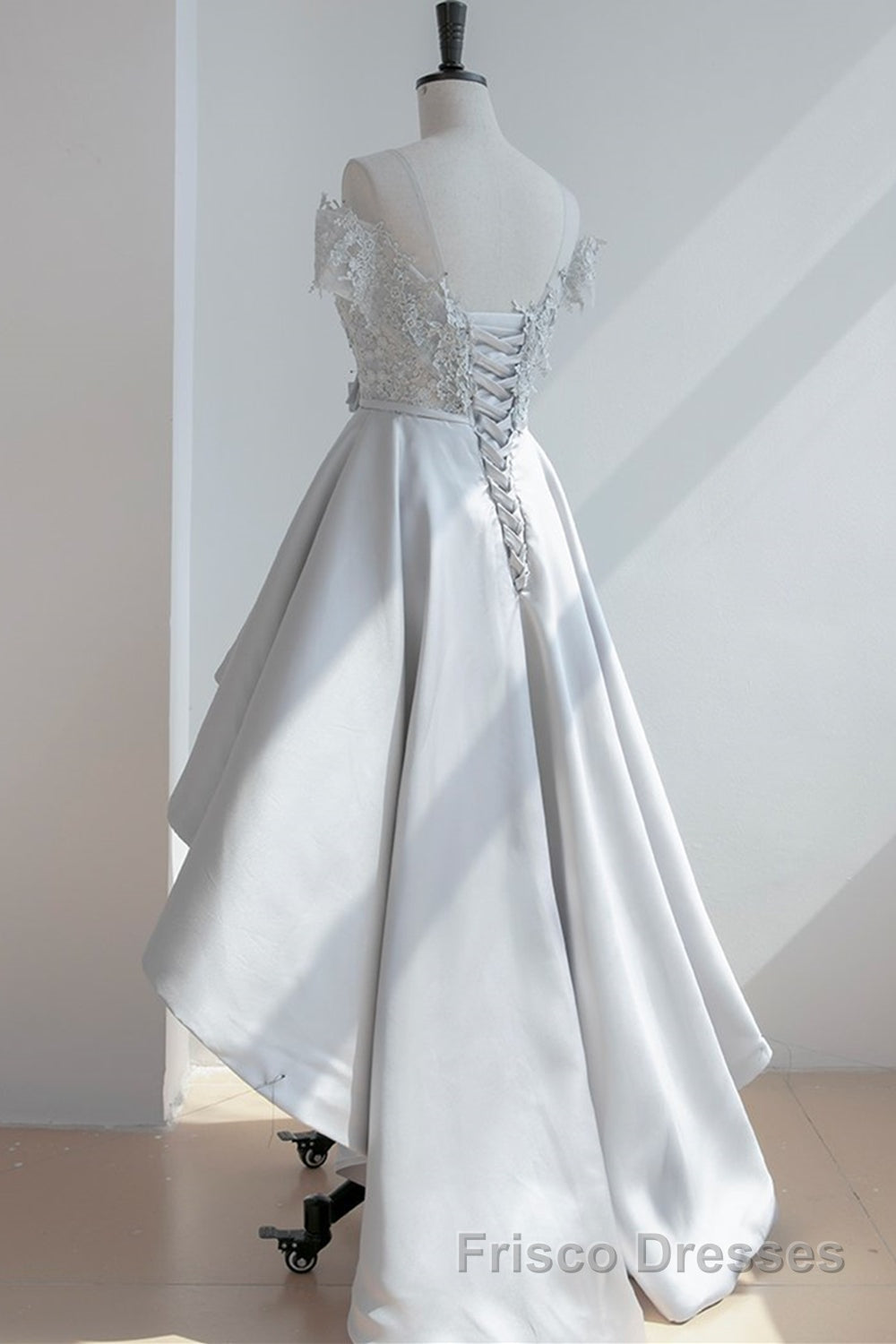 High Low Off Shoulder Gray Lace Formal Prom Dresses, Off the Shoulder Gray Homecoming Dresses, Gray Lace Formal Evening Dresses