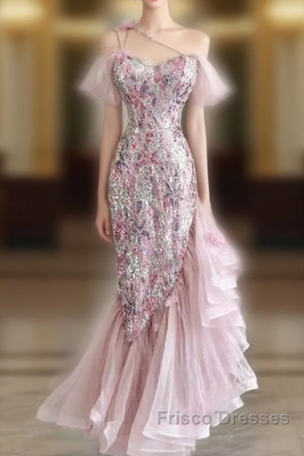 High Low Off The Shoulder Tulle Pink Tiered Formal Prom Dress Evening Dress