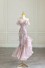 High Low Off The Shoulder Tulle Pink Tiered Prom Dresses Evening Dress