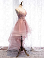 High Low Pink Lace Formal Prom Dresses, Pink High Low Formal Graduation Homecoming Dresses