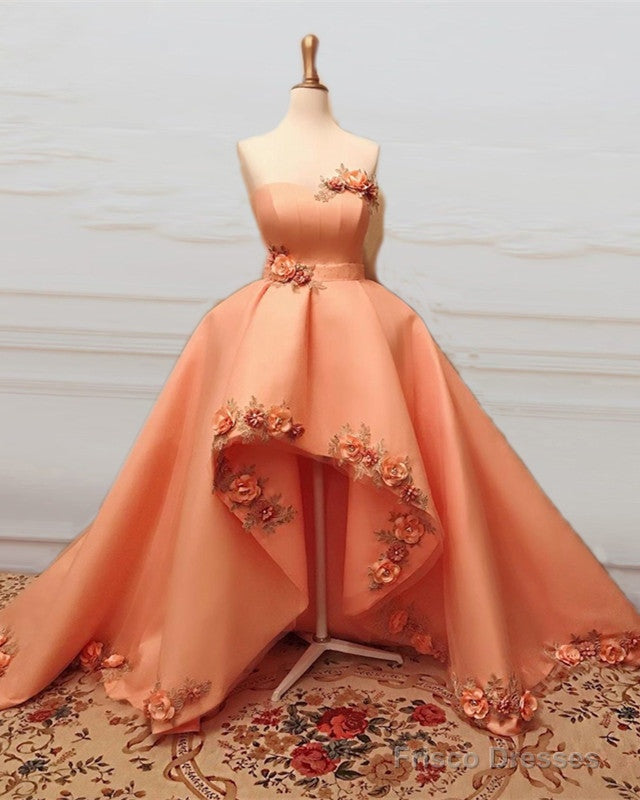 High Low Prom Dresses Organza Ruffles 3D Flowers Sweetheart