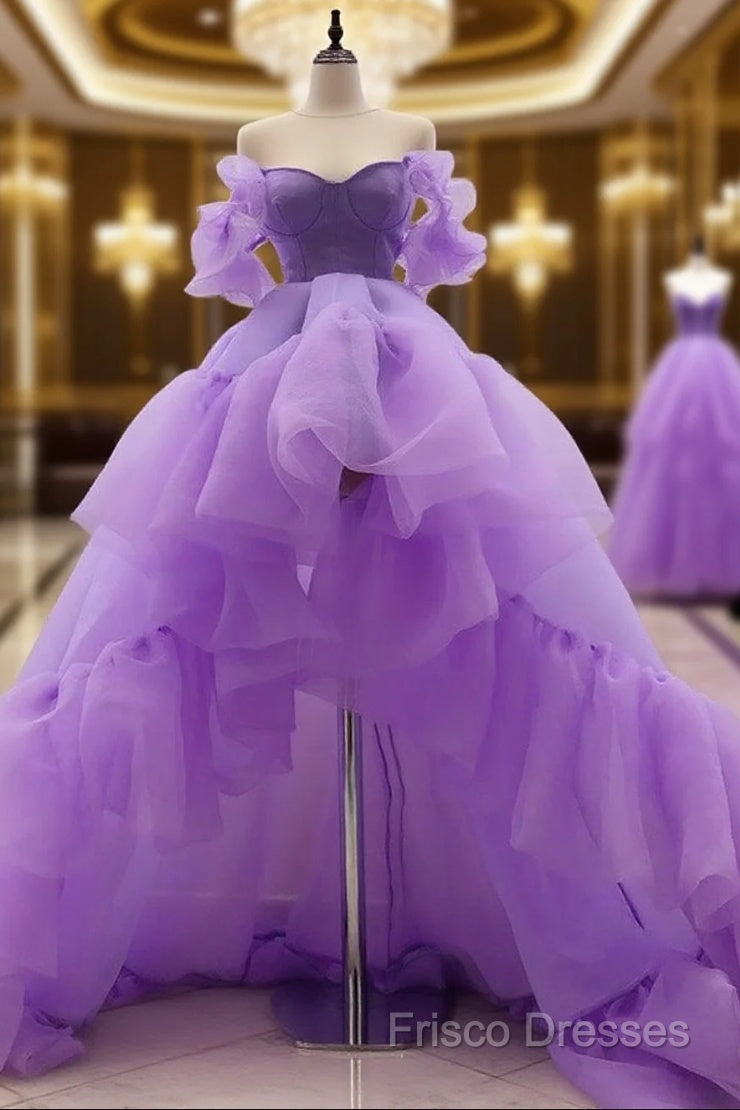 High Low Puffy Sleeves Tulle Purple Formal Prom Dress Main image
