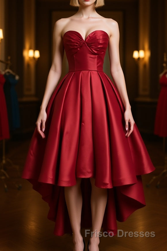 High Low Sweetheart Neck Strapless Backless Satin Red Formal Prom Dresses, Red Graduation Dresses, Red Backless Formal Evening Dresses