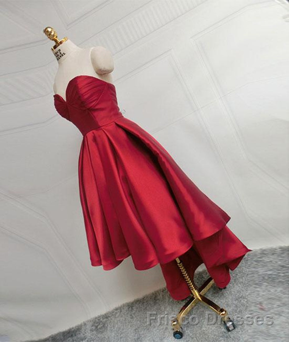 High Low Sweetheart Neck Strapless Backless Satin Red Formal Prom Dresses, Red Graduation Dresses, Red Backless Formal Evening Dresses