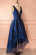 High Low V Neck Blue Satin Formal Prom Dresses, Open Back Blue Formal Dresses, Blue Evening Dresses