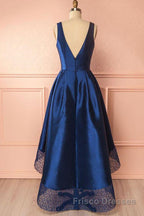 High Low V Neck Blue Satin Formal Prom Dresses, Open Back Blue Formal Dresses, Blue Evening Dresses