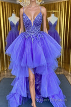 High Low V Neck Purple Lace Long Formal Prom Dresses, Lilac Lace Formal Dresses, Purple Evening Dresses