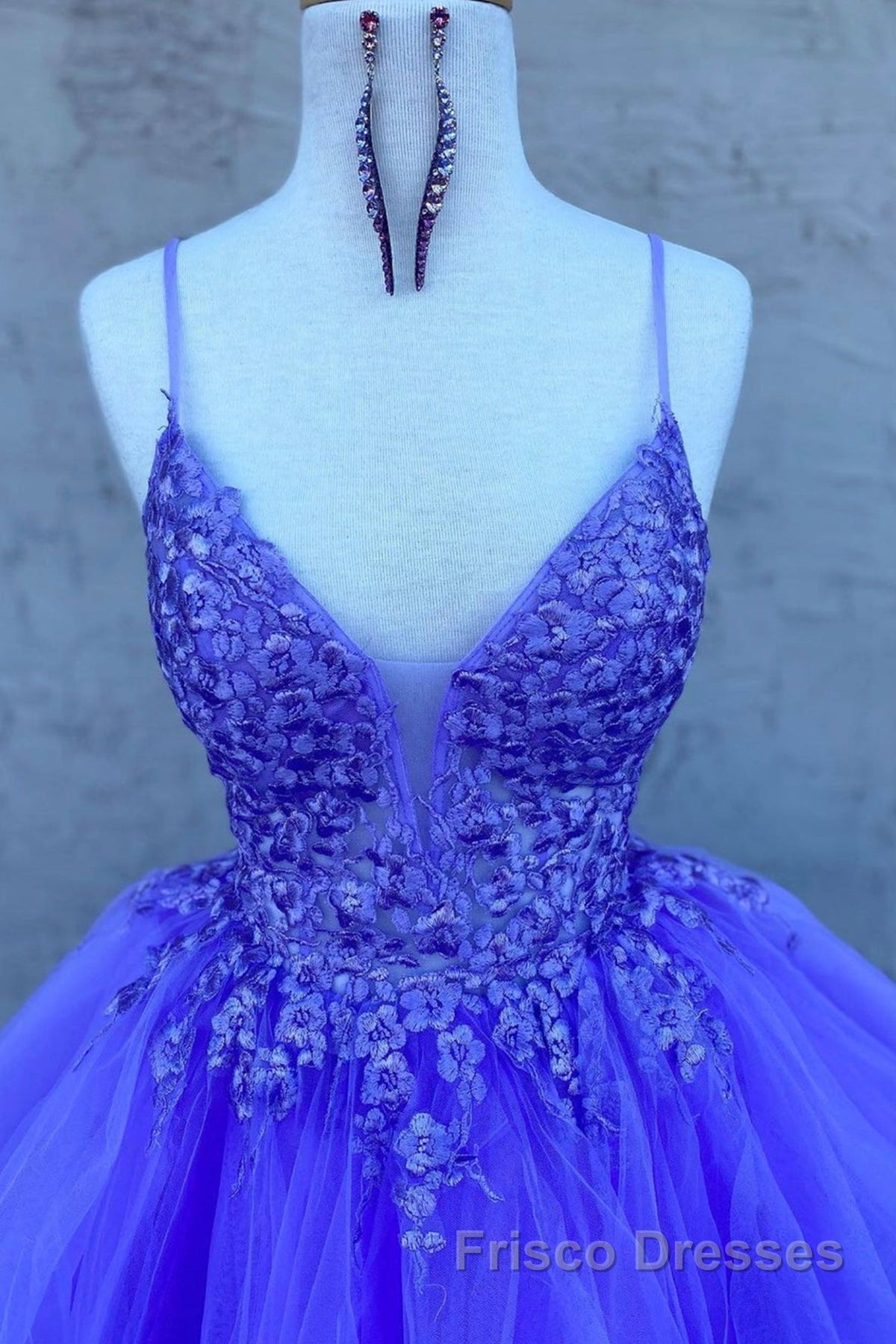 High Low V Neck Purple Lace Long Formal Prom Dresses, Lilac Lace Formal Dresses, Purple Evening Dresses Secondary image
