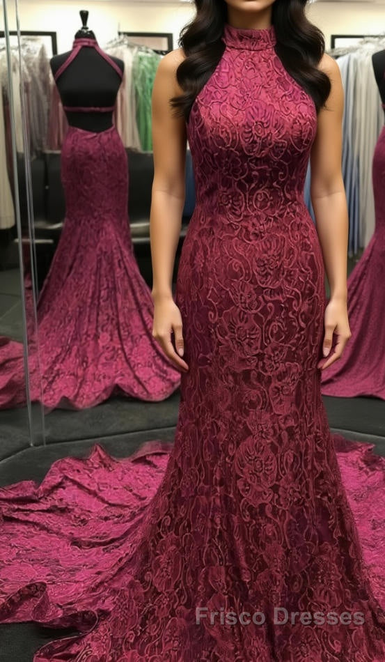 High Neck Backless Burgundy Lace long Formal Prom Dresses, Long Burgundy Lace Formal Evening Dresses, Burgundy Ball Gown Main image