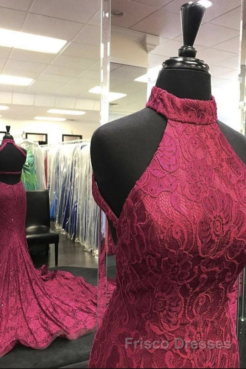 High Neck Backless Burgundy Lace long Formal Prom Dresses, Long Burgundy Lace Formal Evening Dresses, Burgundy Ball Gown Secondary image