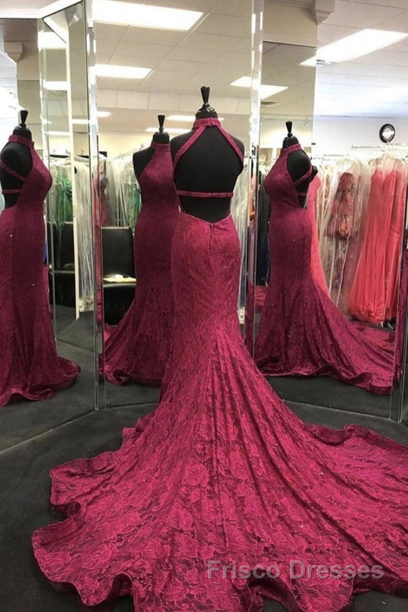 High Neck Backless Burgundy Lace long Formal Prom Dresses, Long Burgundy Lace Formal Evening Dresses, Burgundy Ball Gown